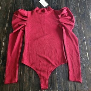 NEW Pants Store Red Ribbed-Knit Long-sleeve Bodysuit Women's Size Small